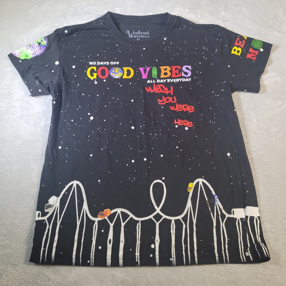 Weekend Warriors Graphic T-Shirt Mens XL Black Good Vibes Roller Coaster Space